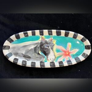 Handmade Ceramic Serving Tray”Horse and Flower Design Aqua 12.5”x5.5”Original